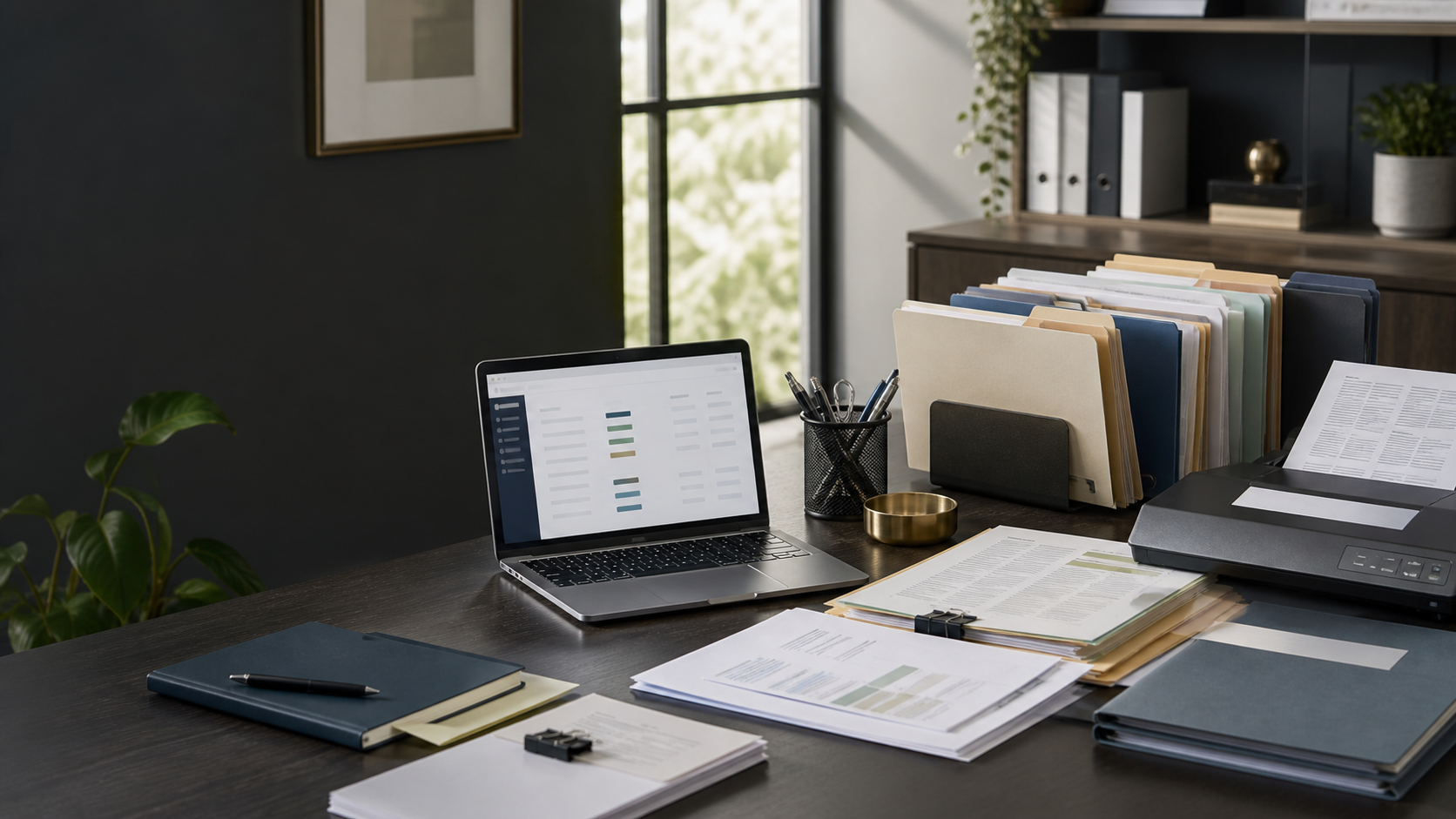 An organized workspace with claim folders, public-record research, a scanner, and a case-tracking laptop
